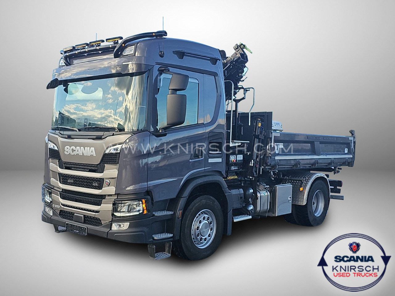 SCANIA G 320 B4x2NA 3-Seitenkipper Dautel mit Kran Hiab - Transportbil med tippflak: bild 1 SCANIA G 320 B4x2NA 3-Seitenkipper Dautel mit Kran Hiab - Transportbil med tippflak: bild 1