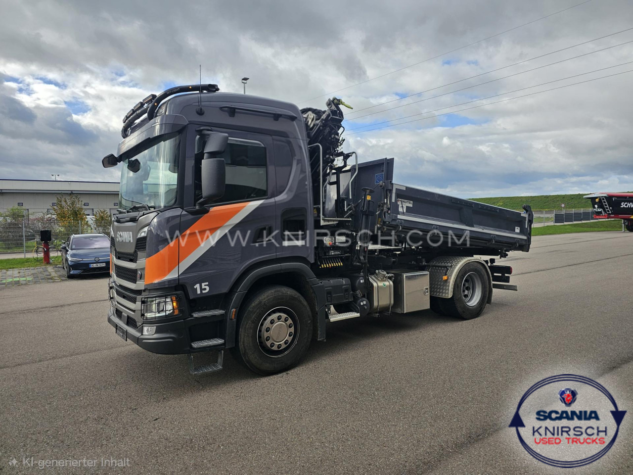 SCANIA G 320 B4x2NA 3-Seitenkipper Dautel mit Kran Hiab - Transportbil med tippflak: bild 1 SCANIA G 320 B4x2NA 3-Seitenkipper Dautel mit Kran Hiab - Transportbil med tippflak: bild 1