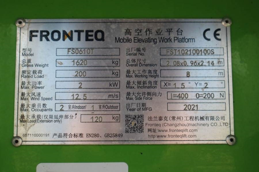 Fronteq FS0610T CE Declaration, 6.7m Working Heigh - Saxlift: bild 3 Fronteq FS0610T CE Declaration, 6.7m Working Heigh - Saxlift: bild 3