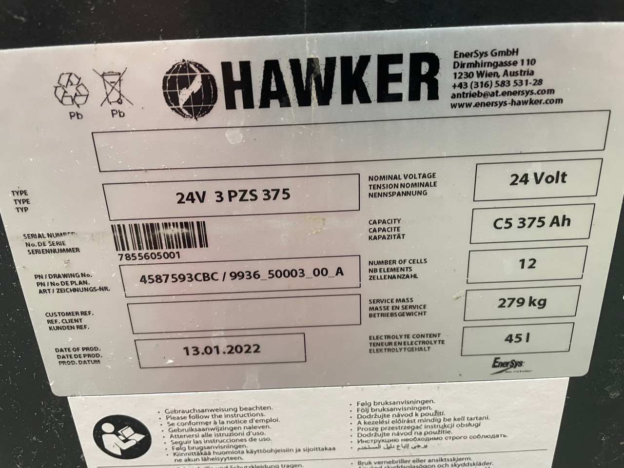 Hawker 24 Volt I 3 PZS 375 - Batteri för Materialhanteringsutrustning: bild 2 Hawker 24 Volt I 3 PZS 375 - Batteri för Materialhanteringsutrustning: bild 2