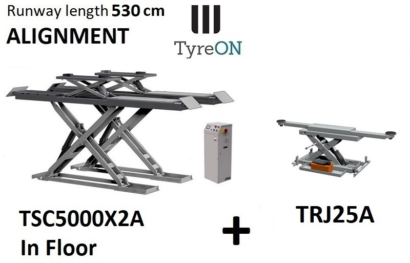TSC5000X2A in floor alignment scissor lift 5000kg 5300mm + TRJ25A 2,5T air hydraulic axle jack - Garage & Verkstadsutrustning: bild 1 TSC5000X2A in floor alignment scissor lift 5000kg 5300mm + TRJ25A 2,5T air hydraulic axle jack - Garage & Verkstadsutrustning: bild 1