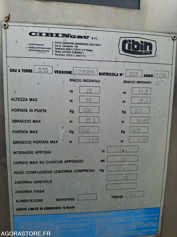 GRUE A MONTAGE RAPIDE CIBIN S30 1994 AVEC CONTREPOIDS - Självresande tornkran: bild 3 GRUE A MONTAGE RAPIDE CIBIN S30 1994 AVEC CONTREPOIDS - Självresande tornkran: bild 3