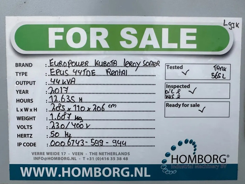 Elgenerator Europower EPUS44TDE Kubota Leroy Somer 44 kVA Supersilent Rental generatorset: bild 18